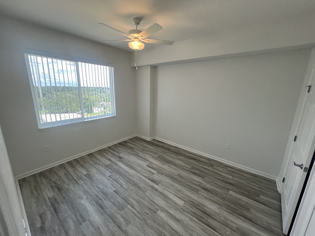 Large, bright bedroom with ceiling fan at Madison Highlands 2 Tampa Florida