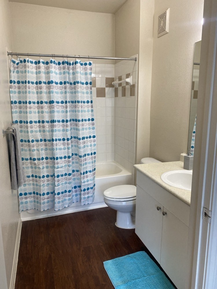a bathroom with a shower curtain and a toilet