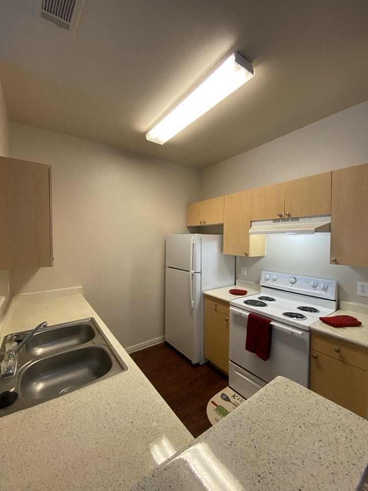 a kitchen with a sink and a stove and a refrigerator