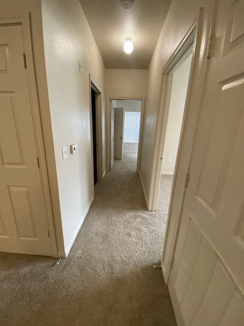 a hallway with white doors and a carpeted floor and a door to a bedroom