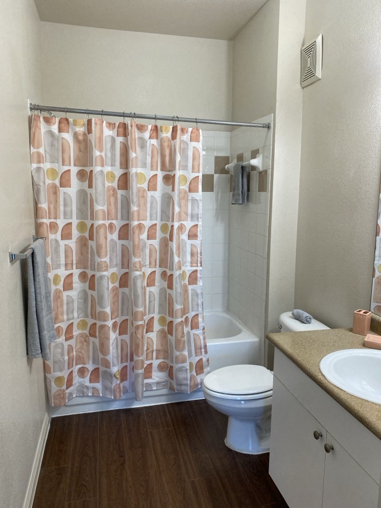 a bathroom with a shower curtain and a toilet and sink