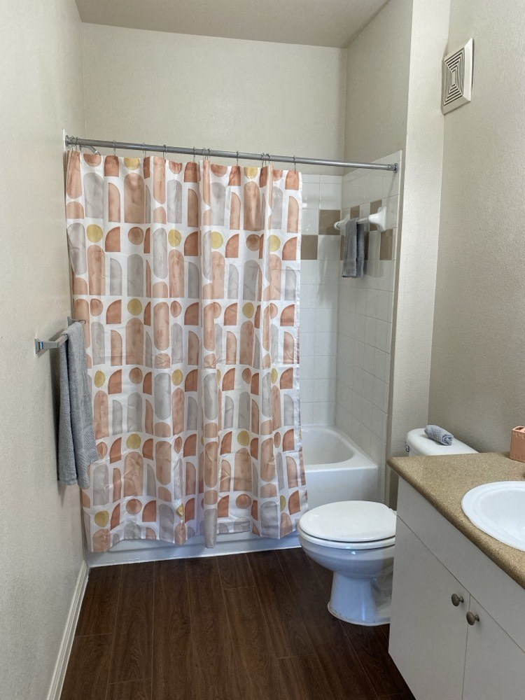 a bathroom with a shower curtain and a toilet and a sink