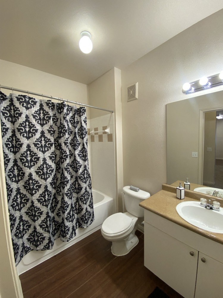 a bathroom with a shower toilet and sink and a mirror