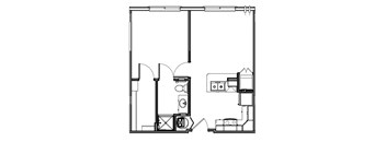 A black and white drawing of a floor plan with various rooms and objects.