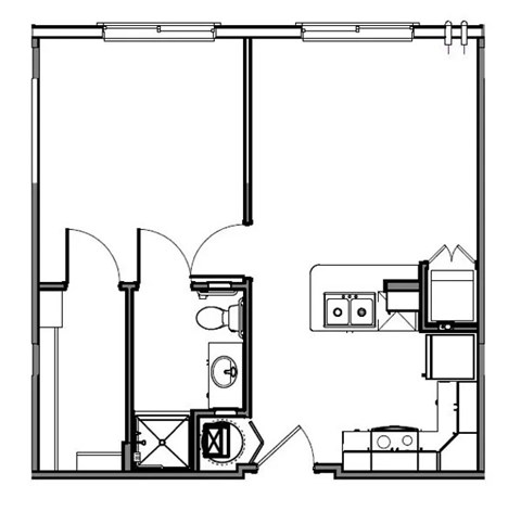 A black and white drawing of a floor plan with various rooms and objects.