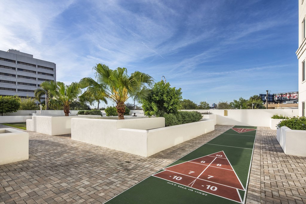 a bachelorette party area with a basketball court and palm trees