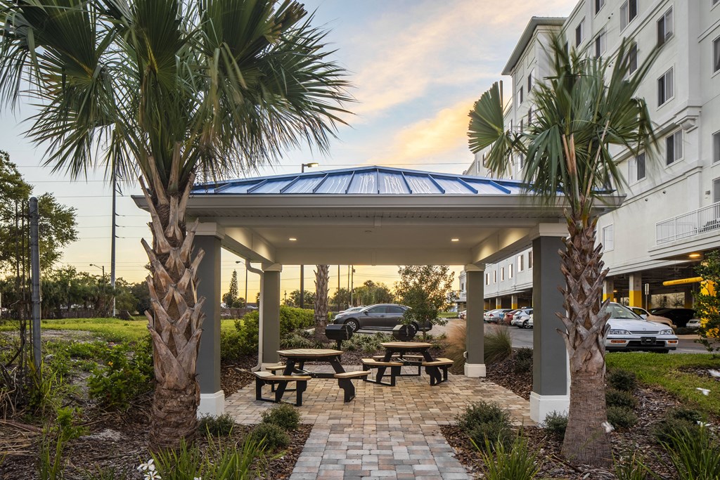 a patio with picnic tables and palm trees next to a building