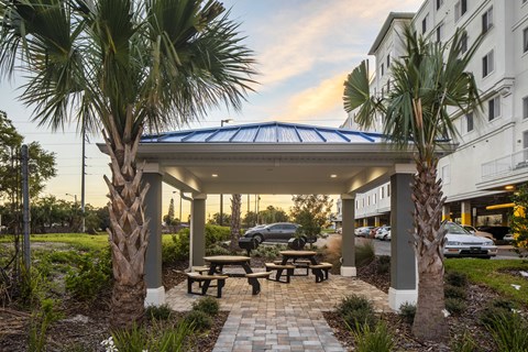 a patio with picnic tables and palm trees next to a building
