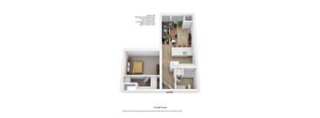 a stylized rendering of a 1 bedroom floor plan and a floor plan with an