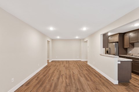 Open concept kitchen and living area with wooden floors and countertop.