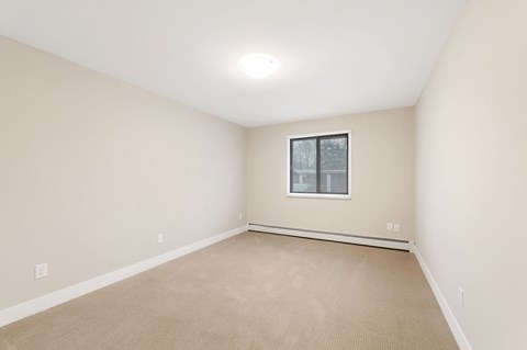 Spacious, unfurnished bedroom with large window, neutral walls, and plush carpeting in a modern apartment unit.