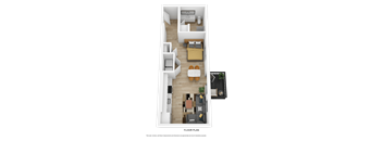 a 3d rendering of the upstairs floor plan of a 1 bedroom apartment