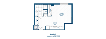 A floor plan of Studio D showing a bathroom, kitchen, and a studio space.