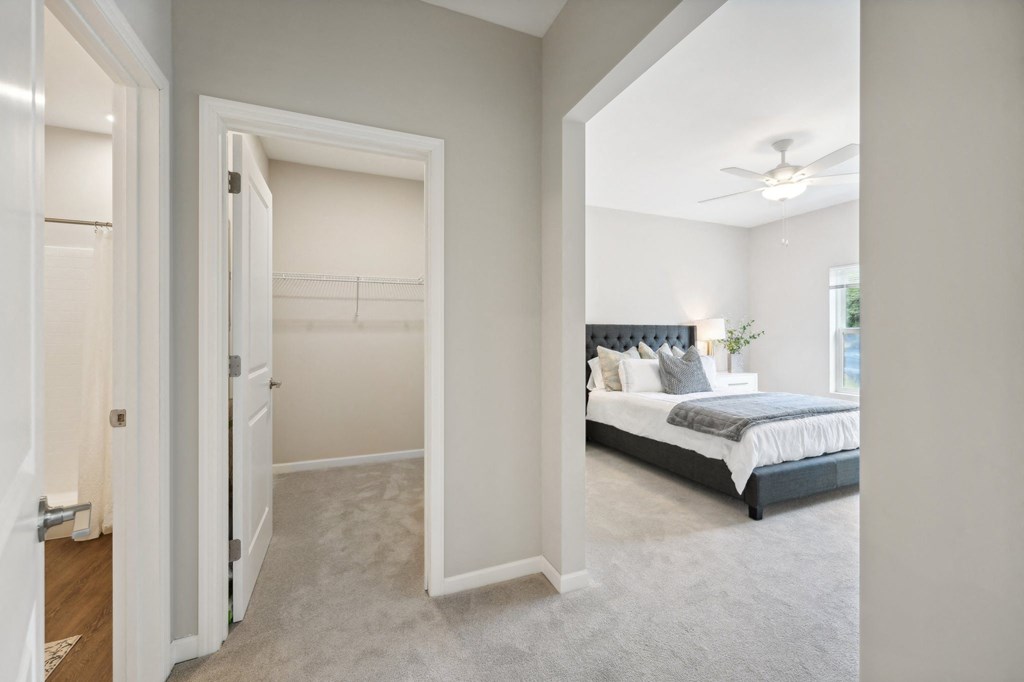 a bedroom with a walk-in closet and a bed