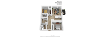 a stylized floor plan with a bedroom and living room