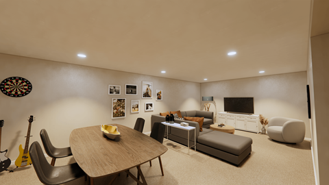 A modern living room with a dartboard on the wall.