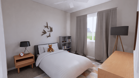 A bedroom with a bed, nightstand, and a wooden sculpture on the wall.
