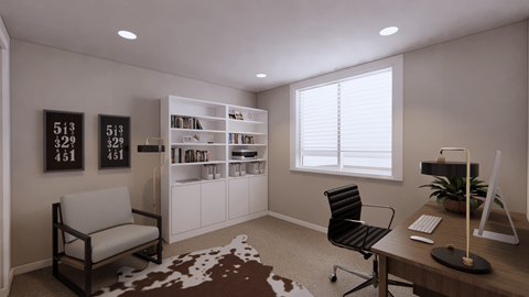 A room with a chair, a desk, and a cowhide rug.