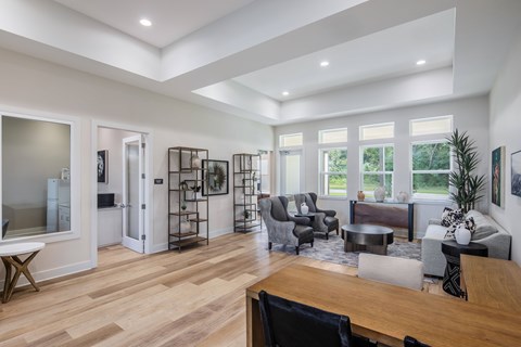 A modern living room with a wooden floor and furniture.