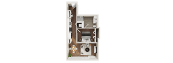 A top-down view of a small apartment layout with a kitchen, living room, and bathroom.
