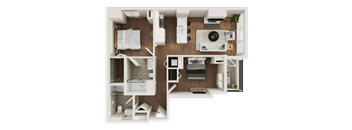 A top-down view of a modern apartment layout with a kitchen, living room, and bedroom.