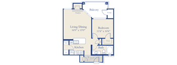 A floor plan of a house with a living/dining area, kitchen, bedroom, bath, and balcony.