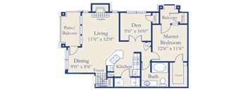 A blue and white floor plan of a house with a living room, dining room, kitchen, pantry, and two bedrooms.