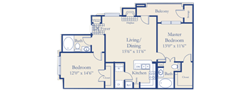A blueprint of a house layout with a living room, dining room, kitchen, and two bedrooms.