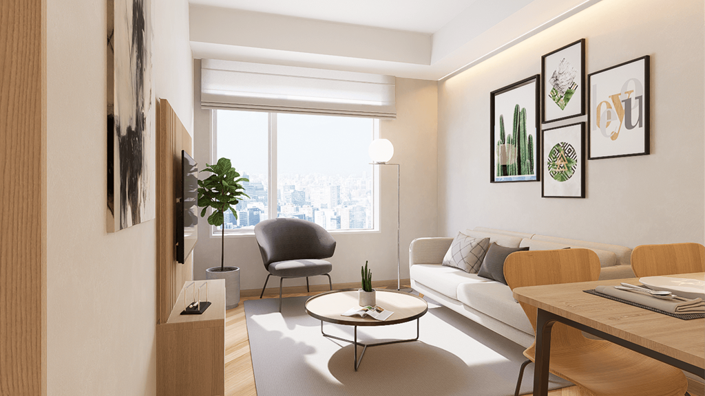 a living room and dining room in a small apartment