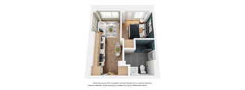 a stylized floor plan of a studio apartment