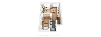 a stylized floor plan with a bedroom and a living room