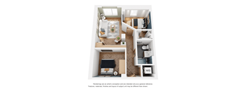 a stylized floor plan with a bedroom and living room