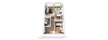 a stylized floor plan with a bedroom and living room