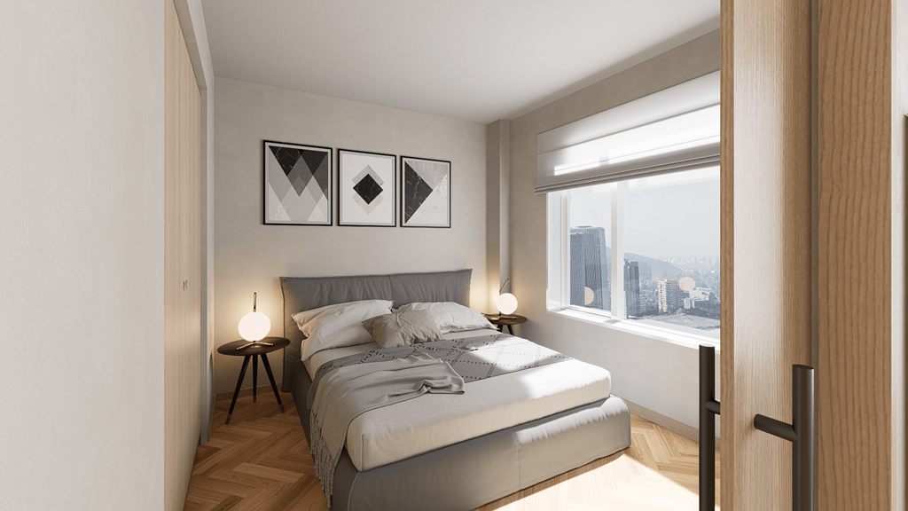 a bedroom with a bed and a window