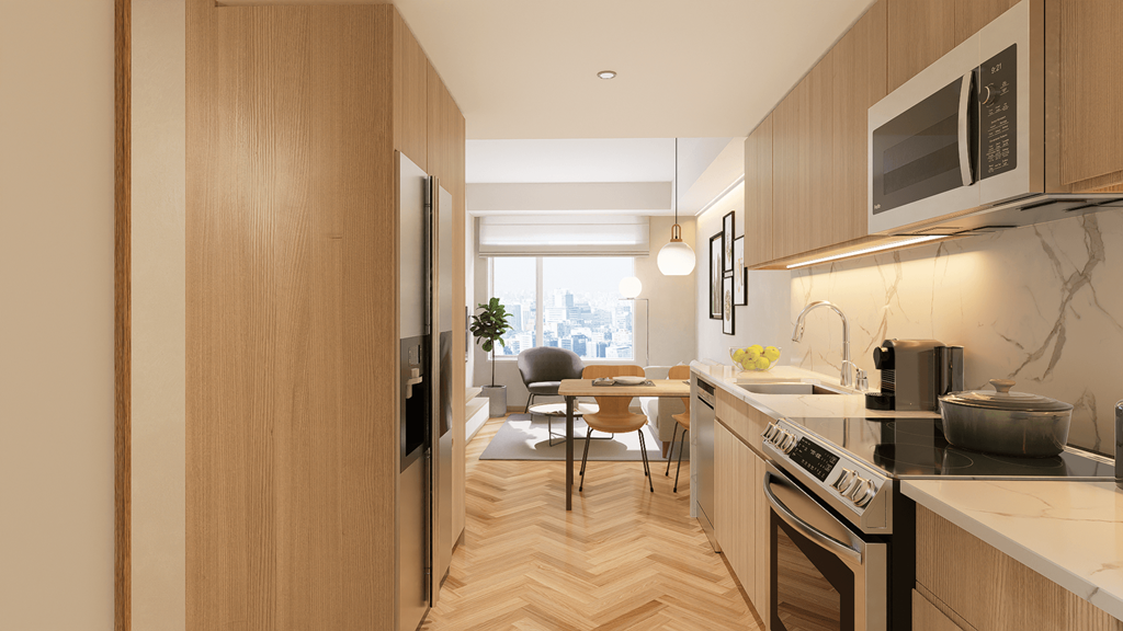 a kitchen and living room in a 555 waverly unit