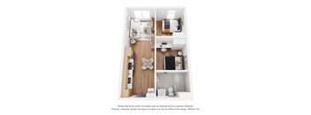 a stylized view of a 1 bedroom floor plan with a bedroom and living room