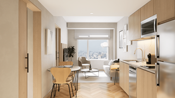 a rendering of a living room and kitchen in an apartment