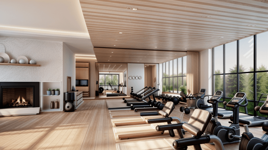 a gym with rows of chairs and a fireplace