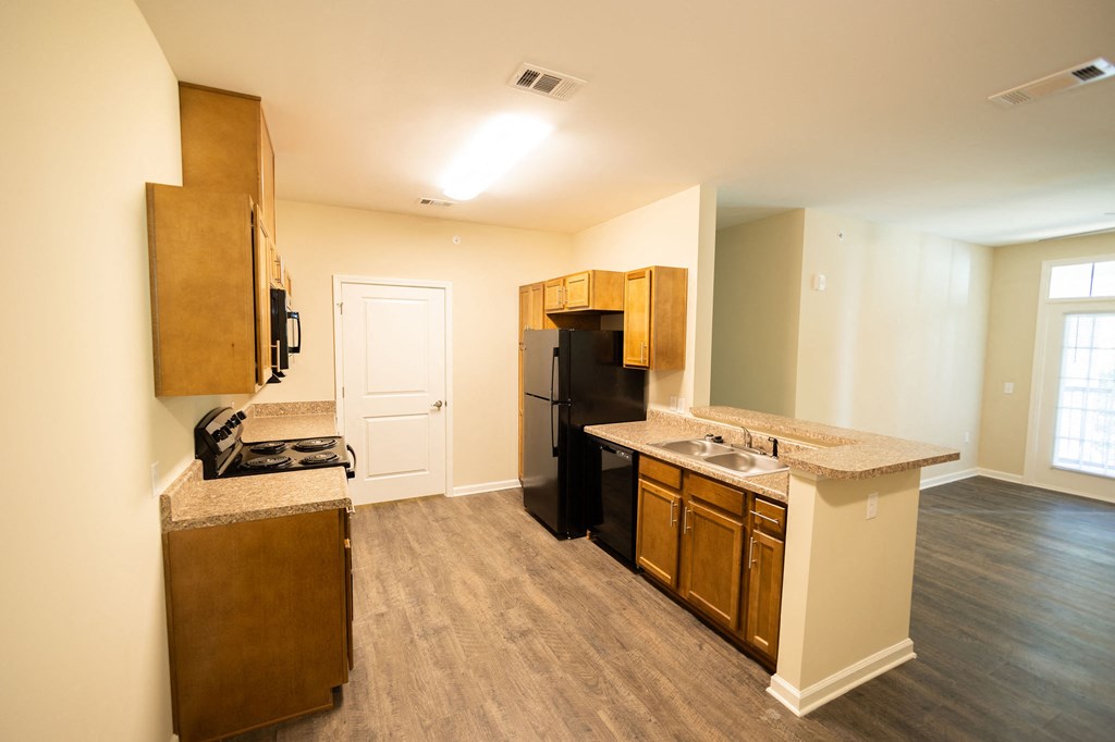 a kitchen with a black refrigerator and a sink