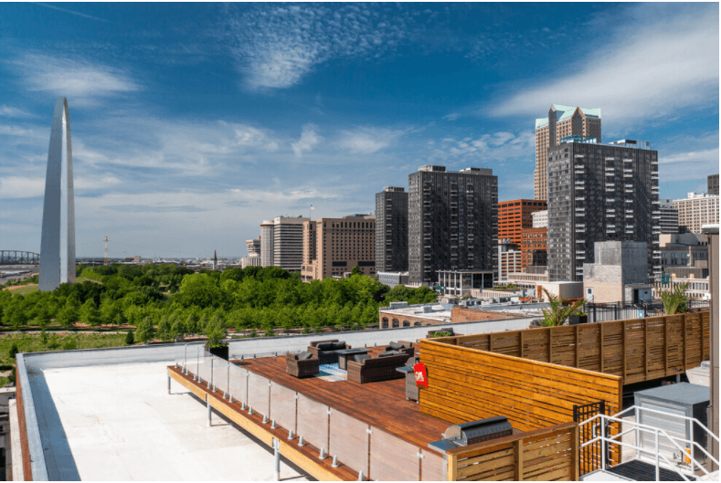 a rooftop terrace with a view of the city