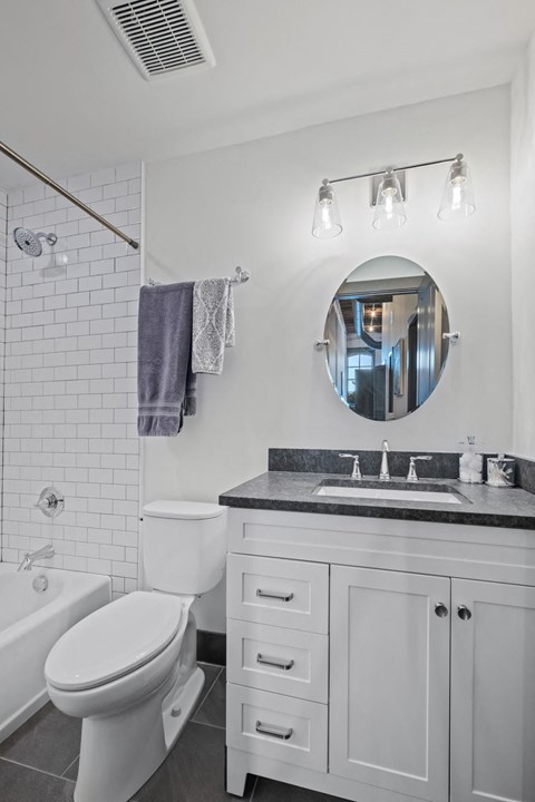 a white bathroom with a toilet sink and mirror