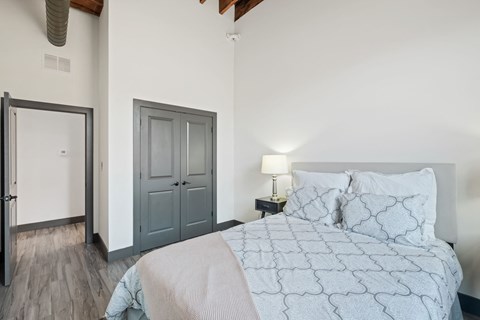 a bedroom with a bed and a closet