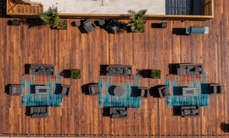 a birds eye view of a restaurant with tables and chairs