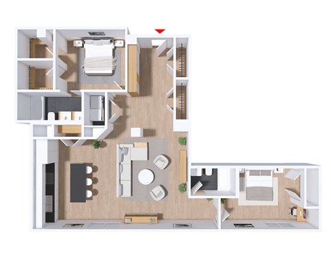 a floor plan of a home with a red arrow pointing to the center of the home