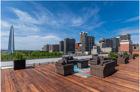 a rooftop deck with a view of the city