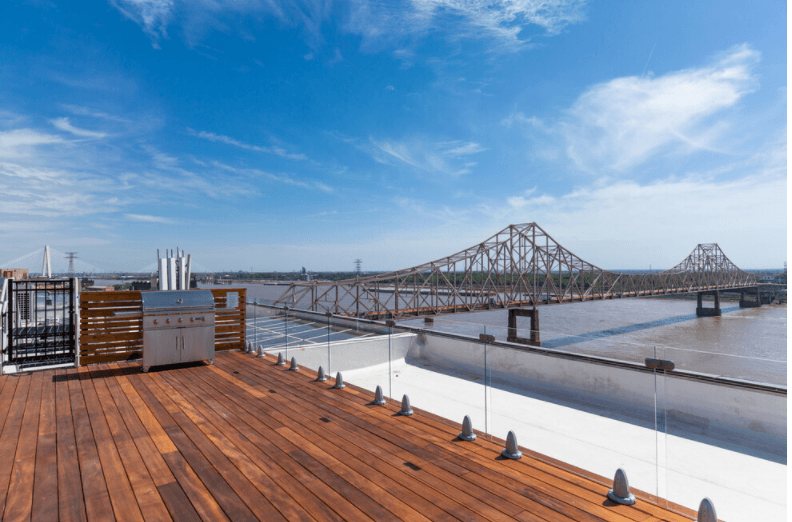 a view of the bridge from the top of the roof of a building