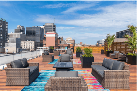 a roof deck with furniture and a view of the city