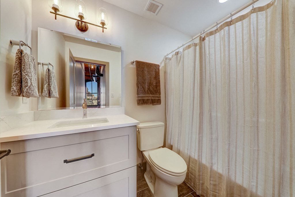 a bathroom with a shower and a toilet and a sink at Greeley Lofts, St. Louis, MO