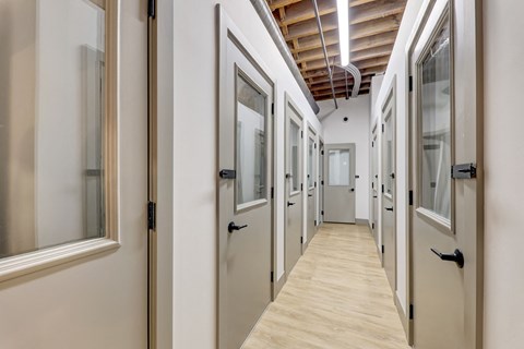 a hallway filled with doors and windows in a building