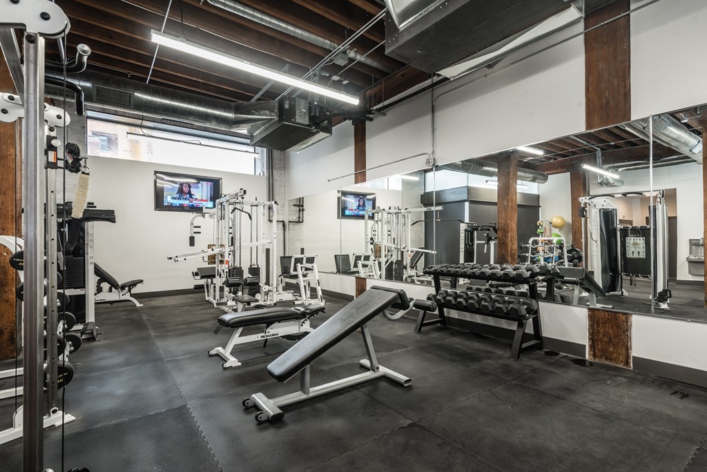 a gym with weights and equipment and a television on the wall
